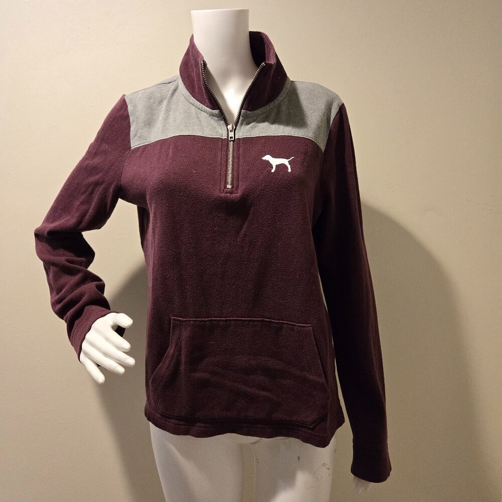 Victoria's Secret PINK 1/4 Zip Logo Pullover Sweatshirt Gray Burgundy S